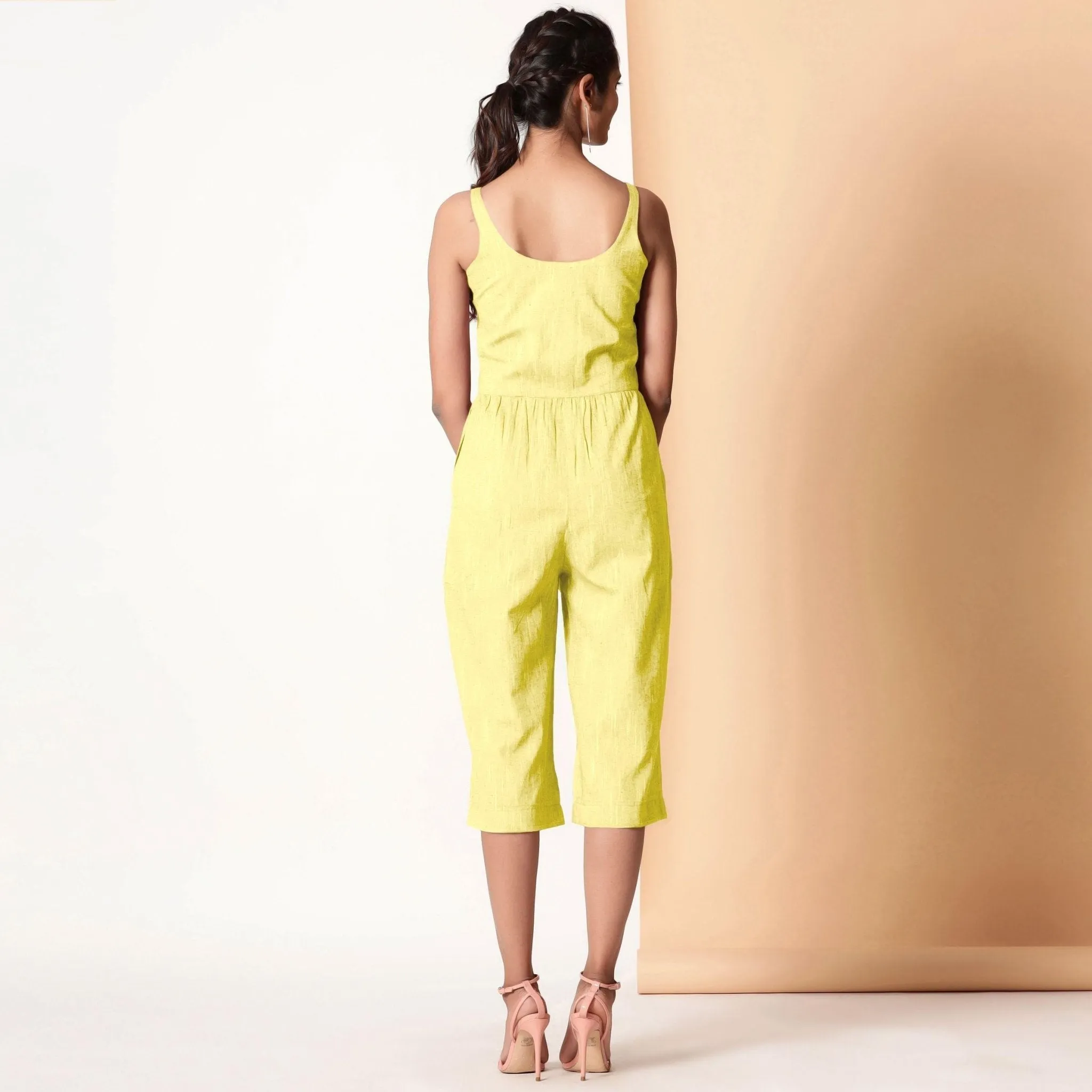 Lemon Yellow Cotton Sleeveless Button-Down Jumpsuit