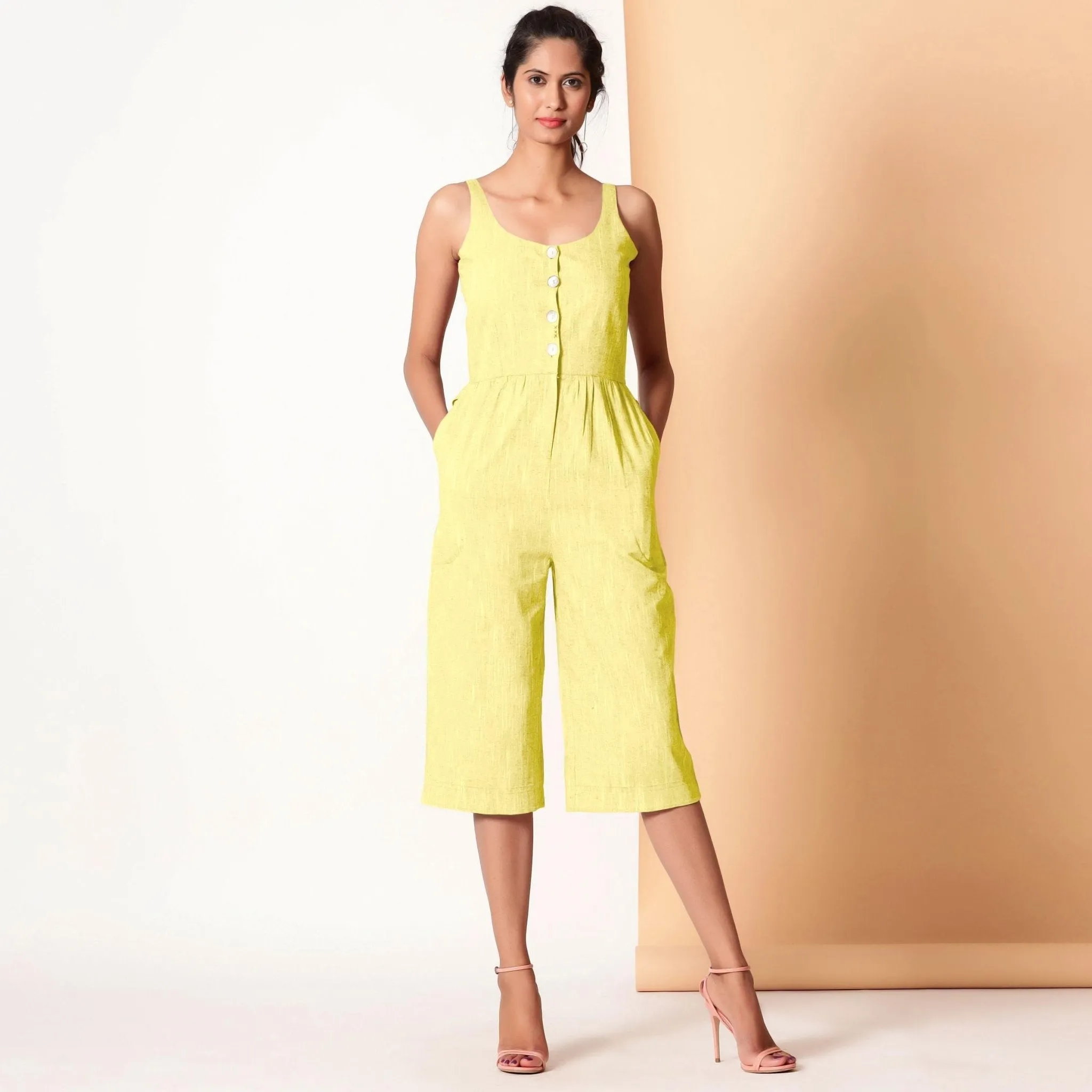 Lemon Yellow Cotton Sleeveless Button-Down Jumpsuit