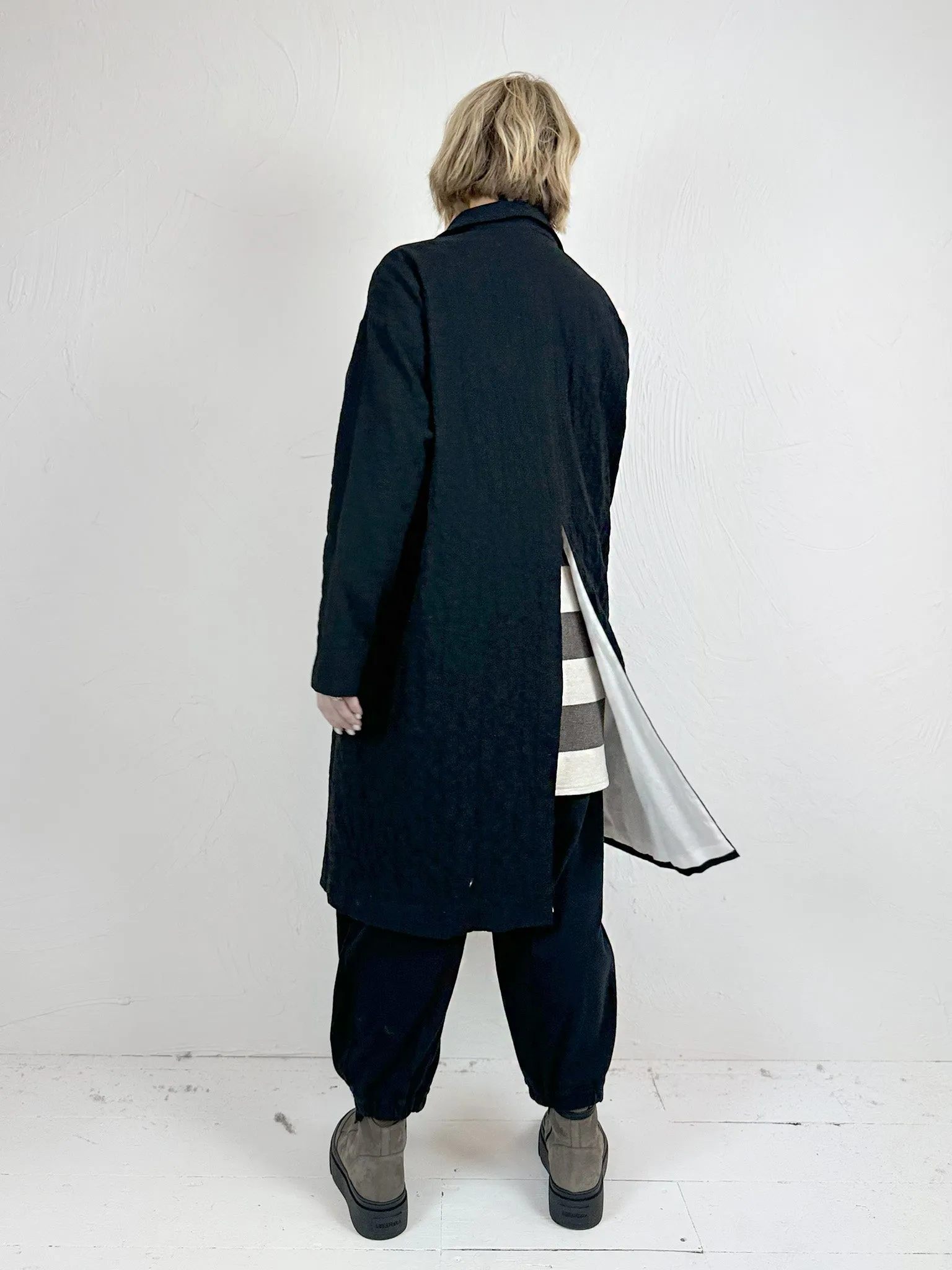 Long Black Crinkle Effect Coat