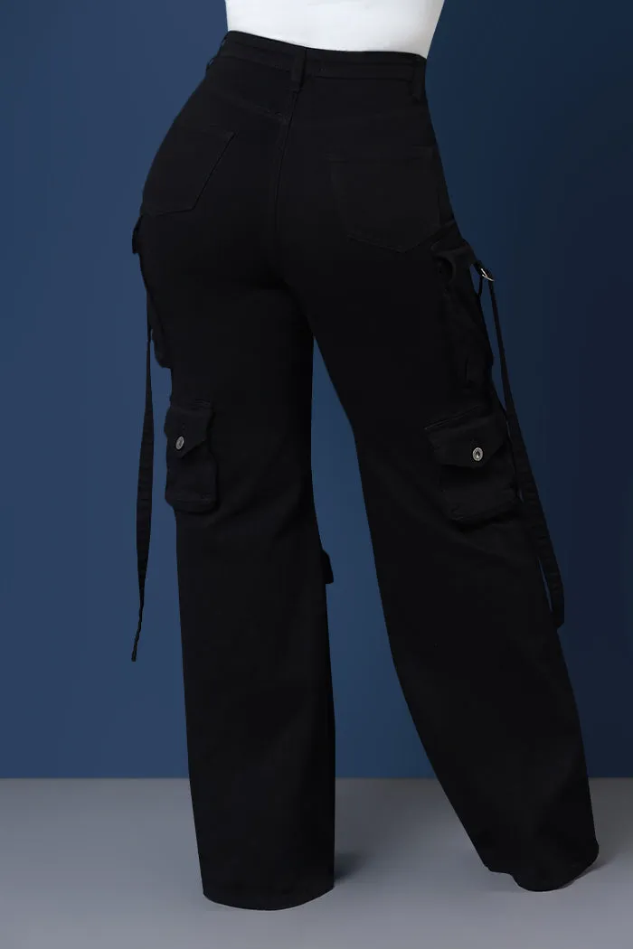 Look Out High Rise Wide Leg Cargo Pants - Black