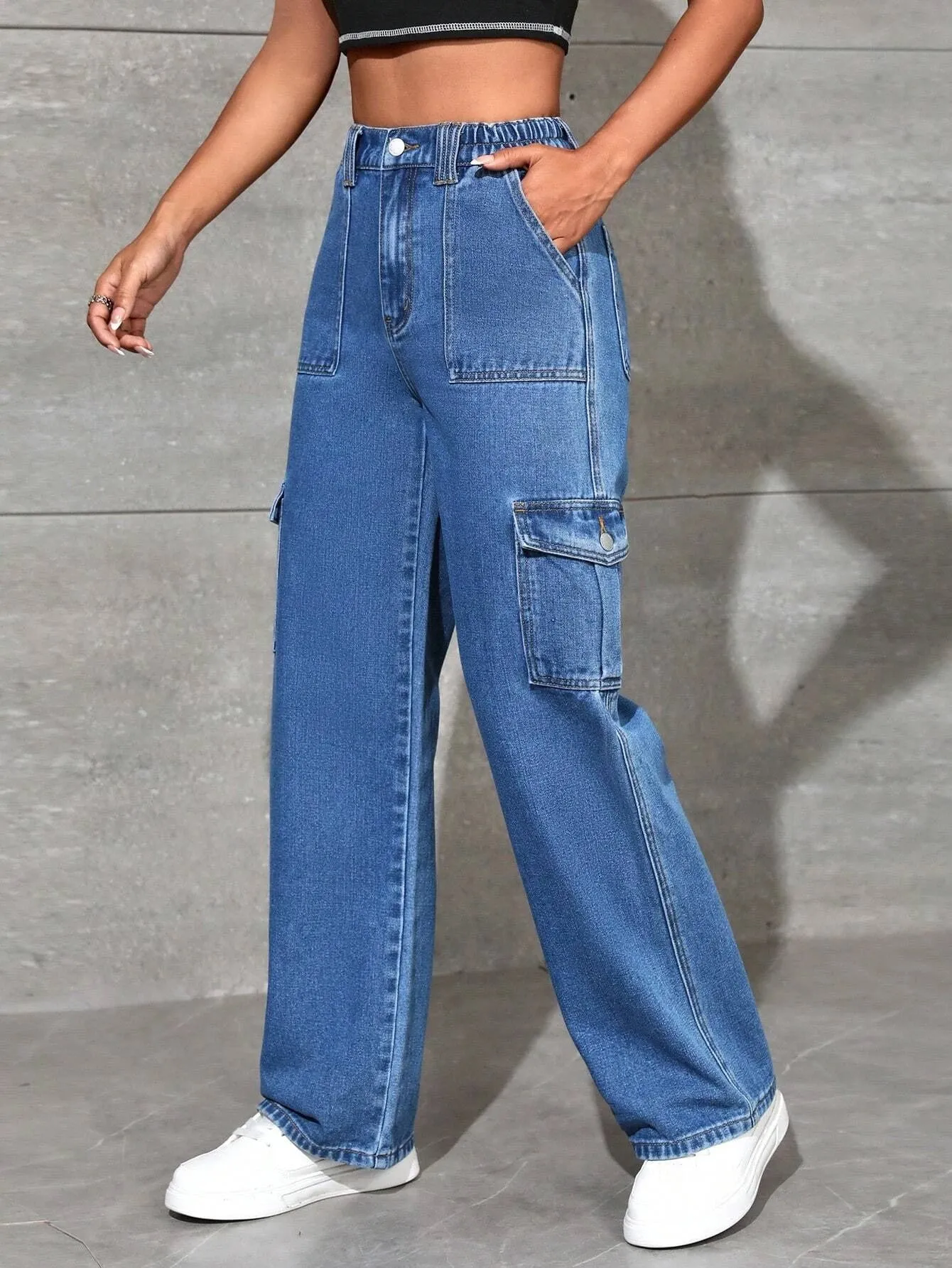 Loose Fit High Waist Denim Cargo Pants