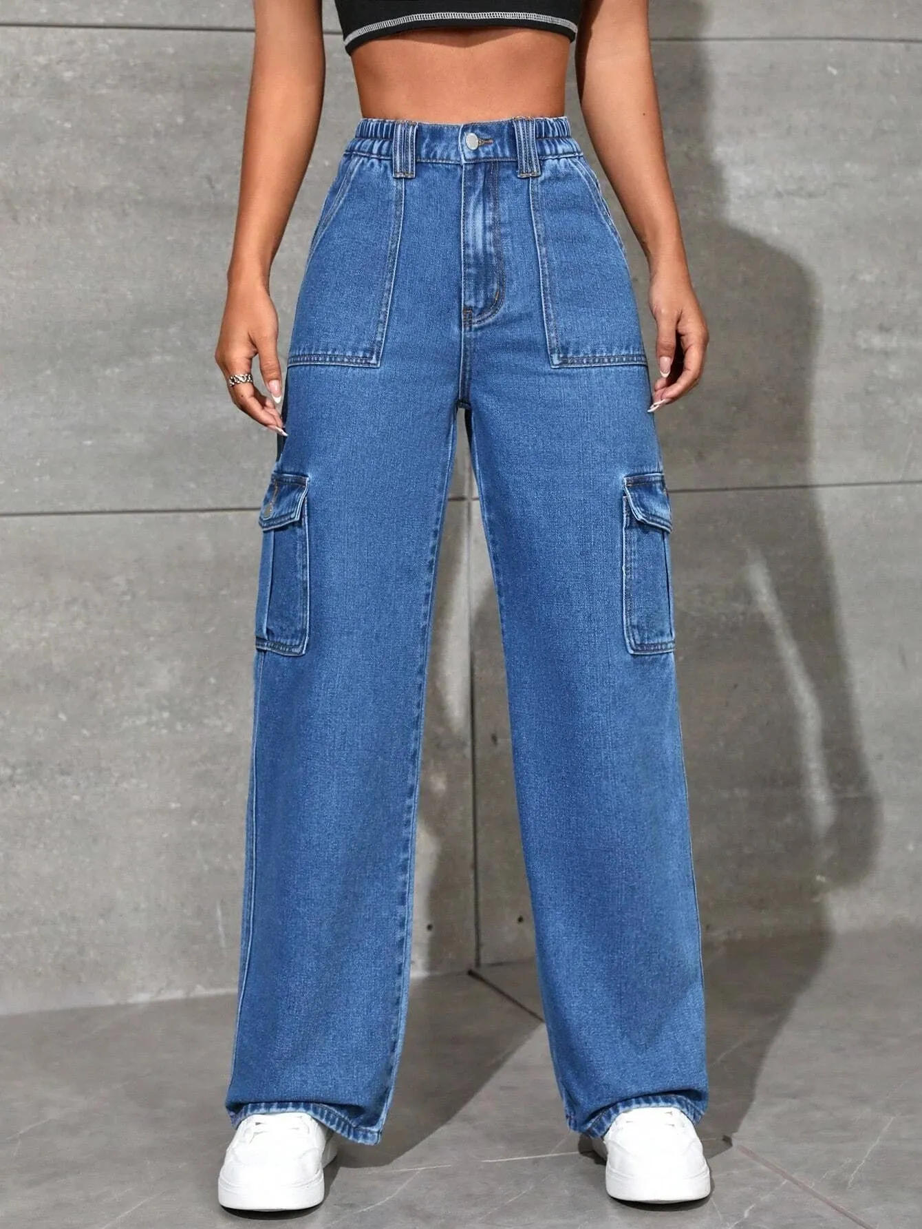 Loose Fit High Waist Denim Cargo Pants