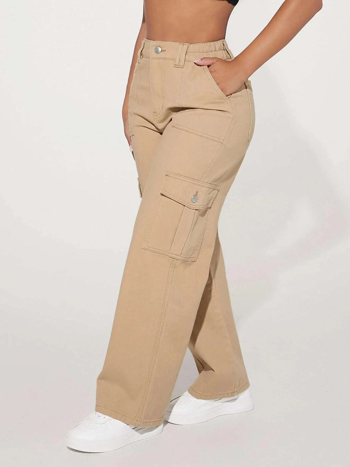 Loose Fit High Waist Denim Cargo Pants