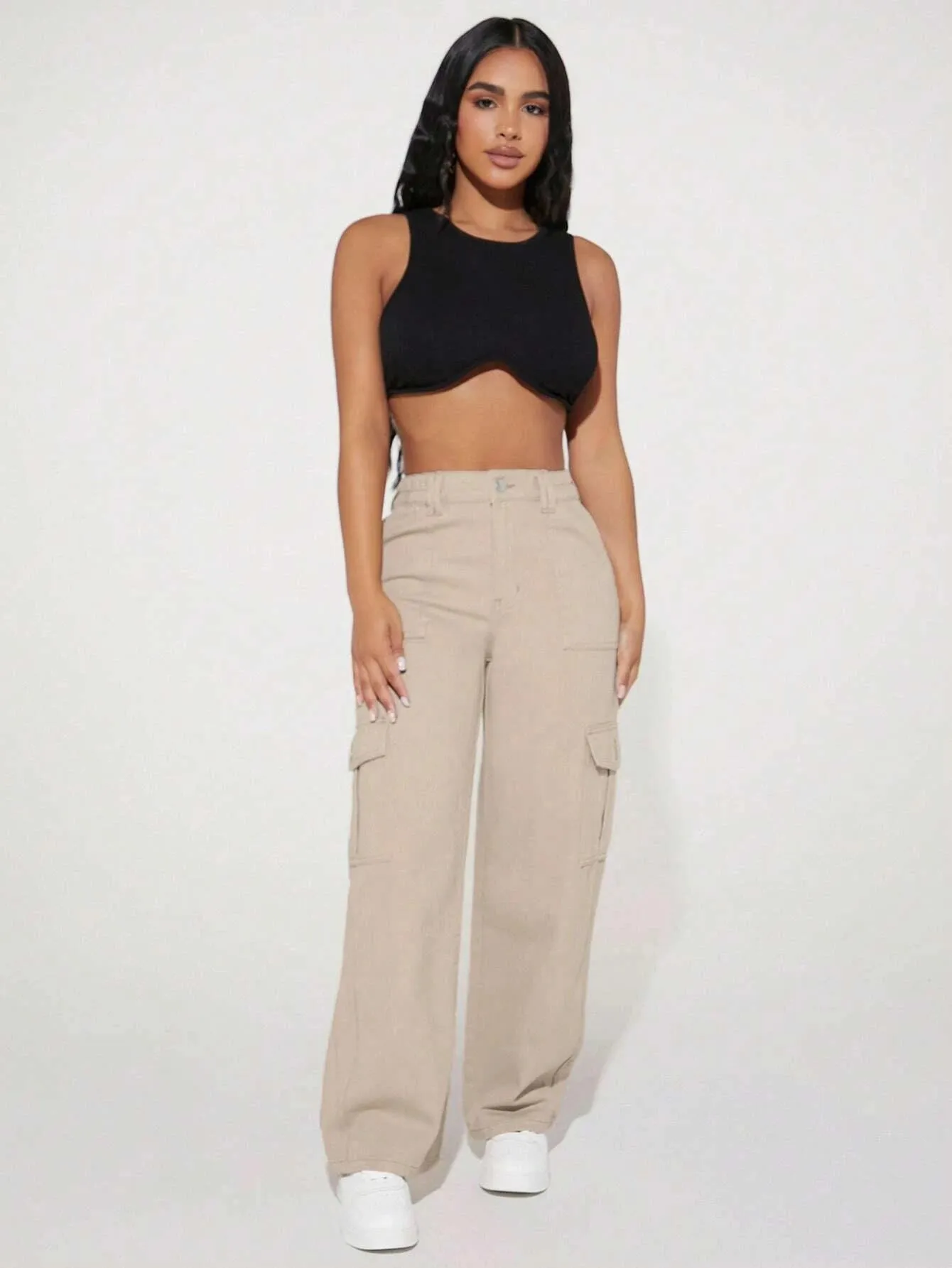 Loose Fit High Waist Denim Cargo Pants