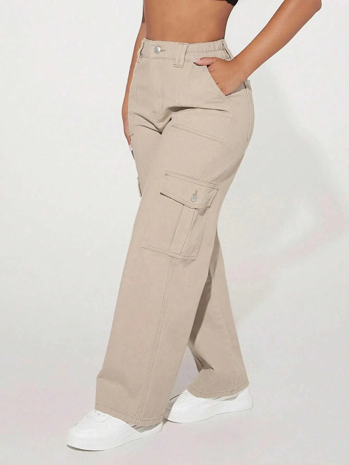 Loose Fit High Waist Denim Cargo Pants