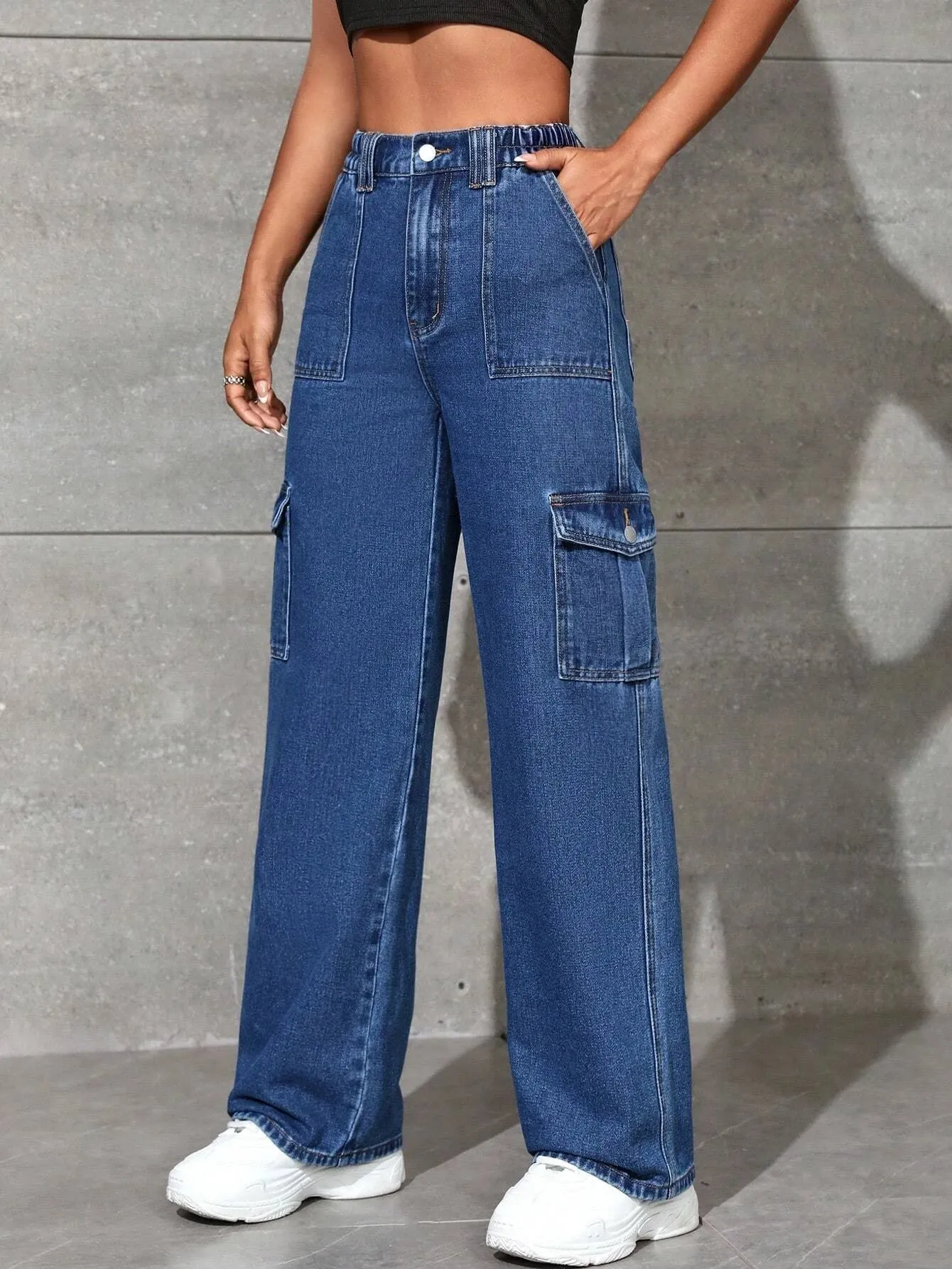 Loose Fit High Waist Denim Cargo Pants