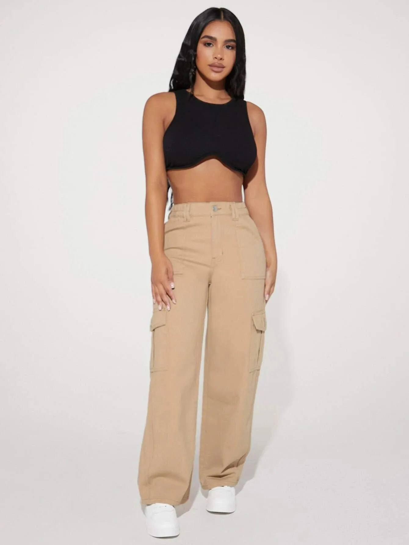 Loose Fit High Waist Denim Cargo Pants