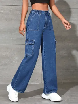 Loose Fit High Waist Denim Cargo Pants