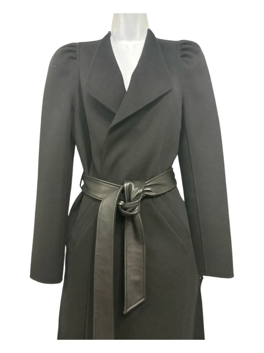 Mackage Size Small Black Wool Long Sleeve Open Front Belt Inc. Pockets Coat