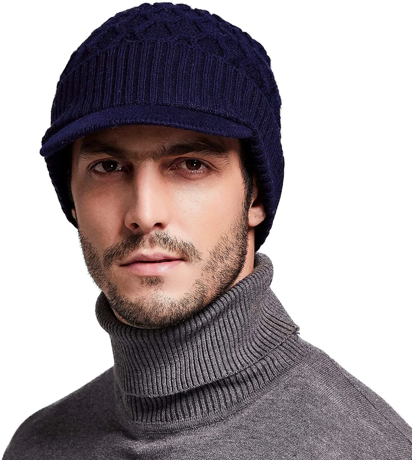 Men's Navy Blue Wool Knit Visor Beanie Hat