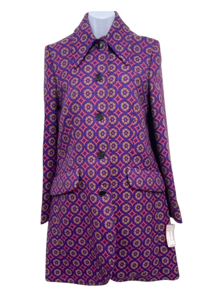 Miu Miu Size 40 Purple & Orange print Wool Blend Abstract Floral 5 Buttons Coat