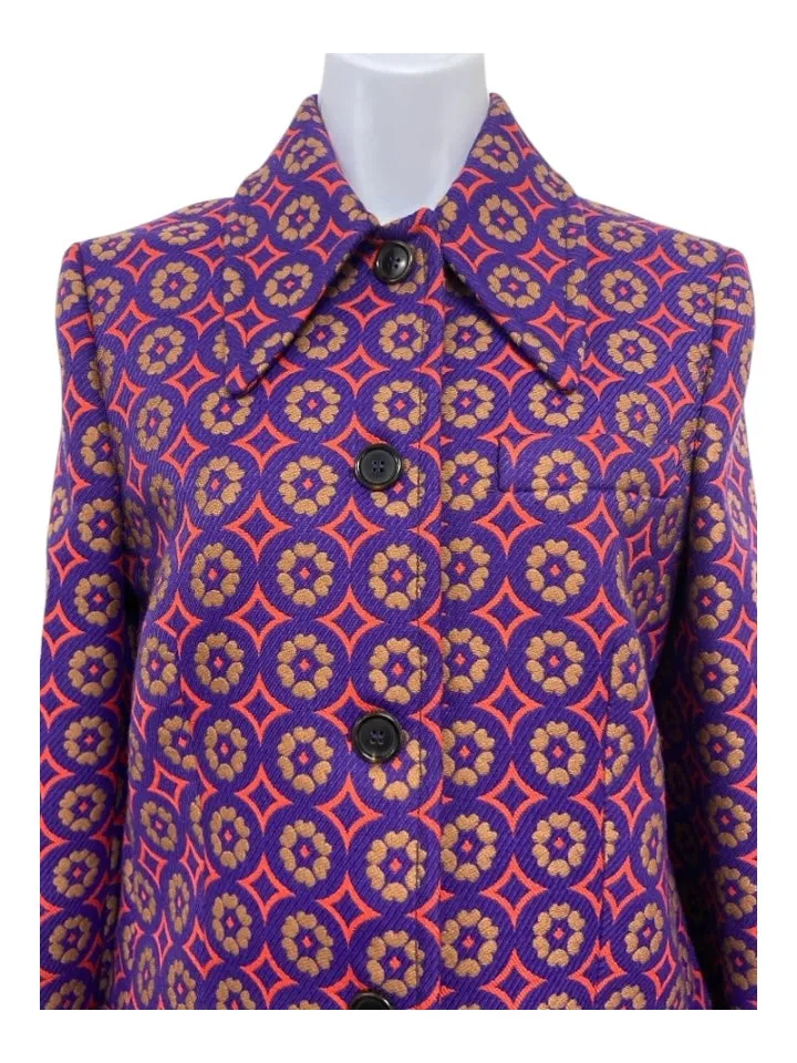 Miu Miu Size 40 Purple & Orange print Wool Blend Abstract Floral 5 Buttons Coat