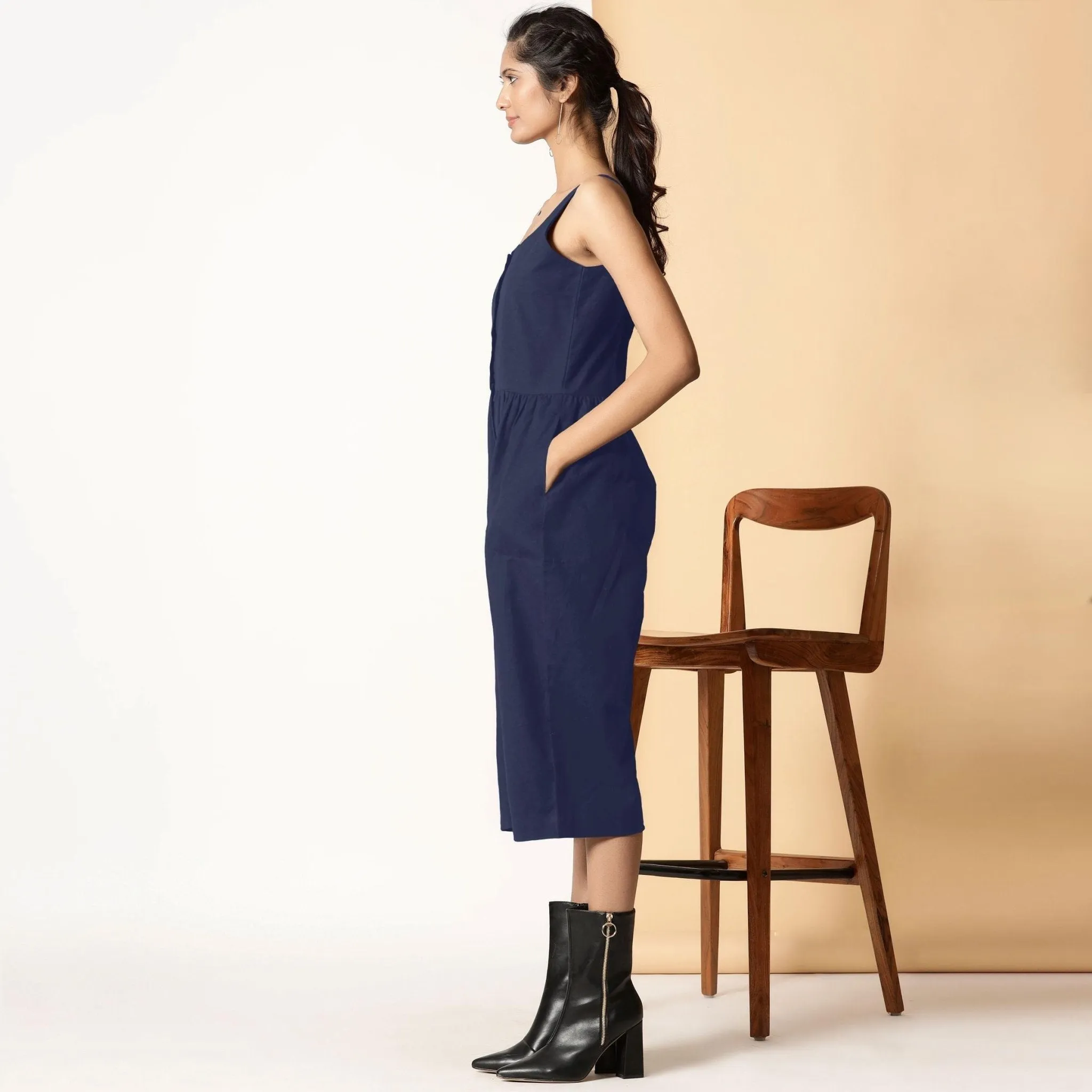 Navy Blue Cotton Flax Button-Down Midi Jumpsuit