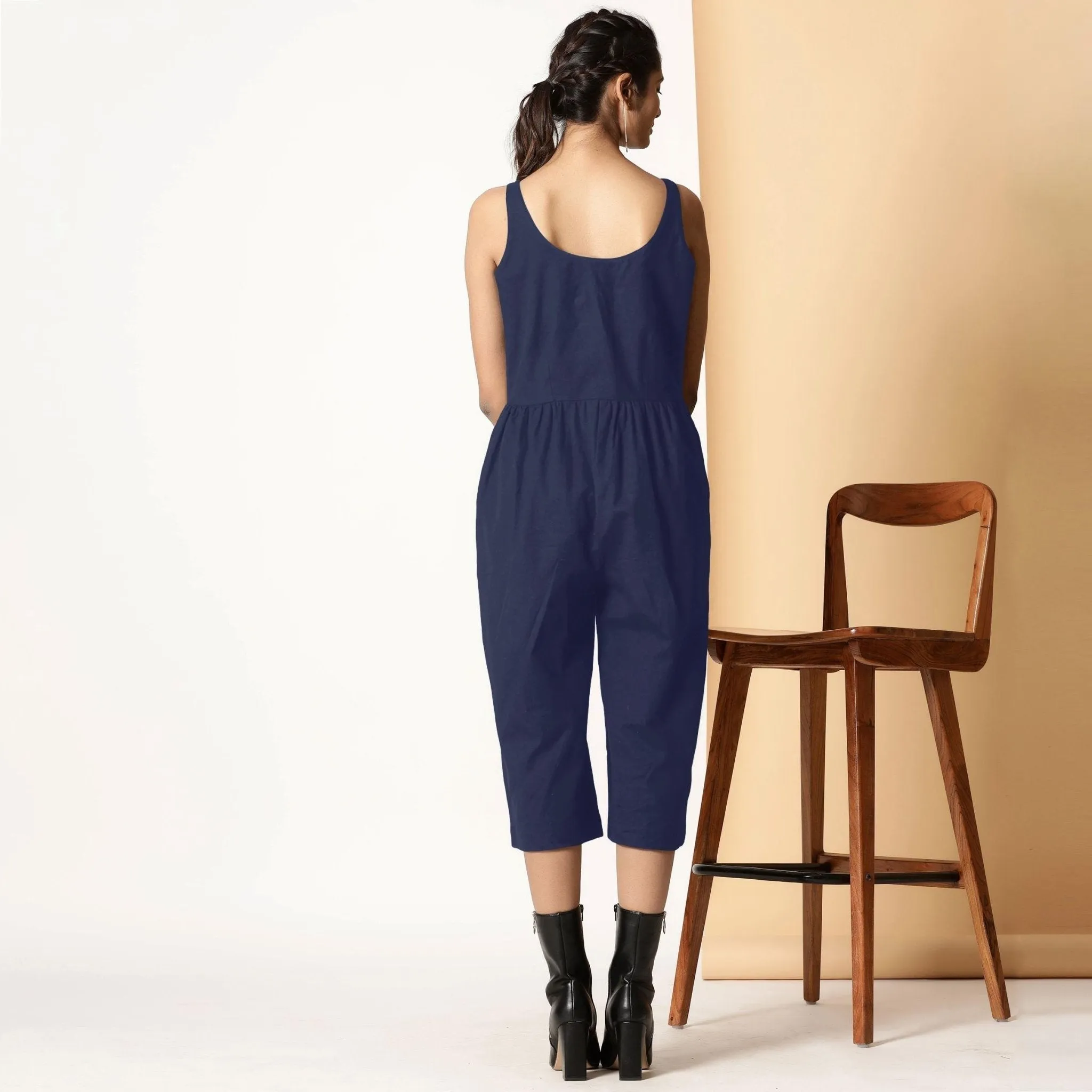 Navy Blue Cotton Flax Button-Down Midi Jumpsuit