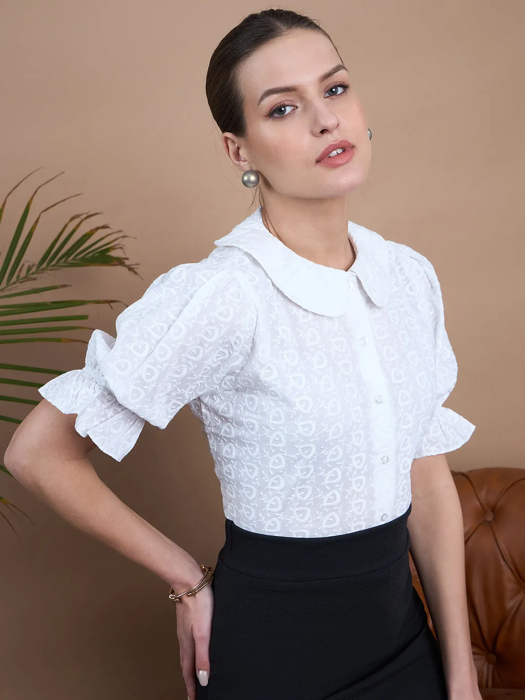 Noi Women White Schiffli Puff Sleeve Formal Shirt