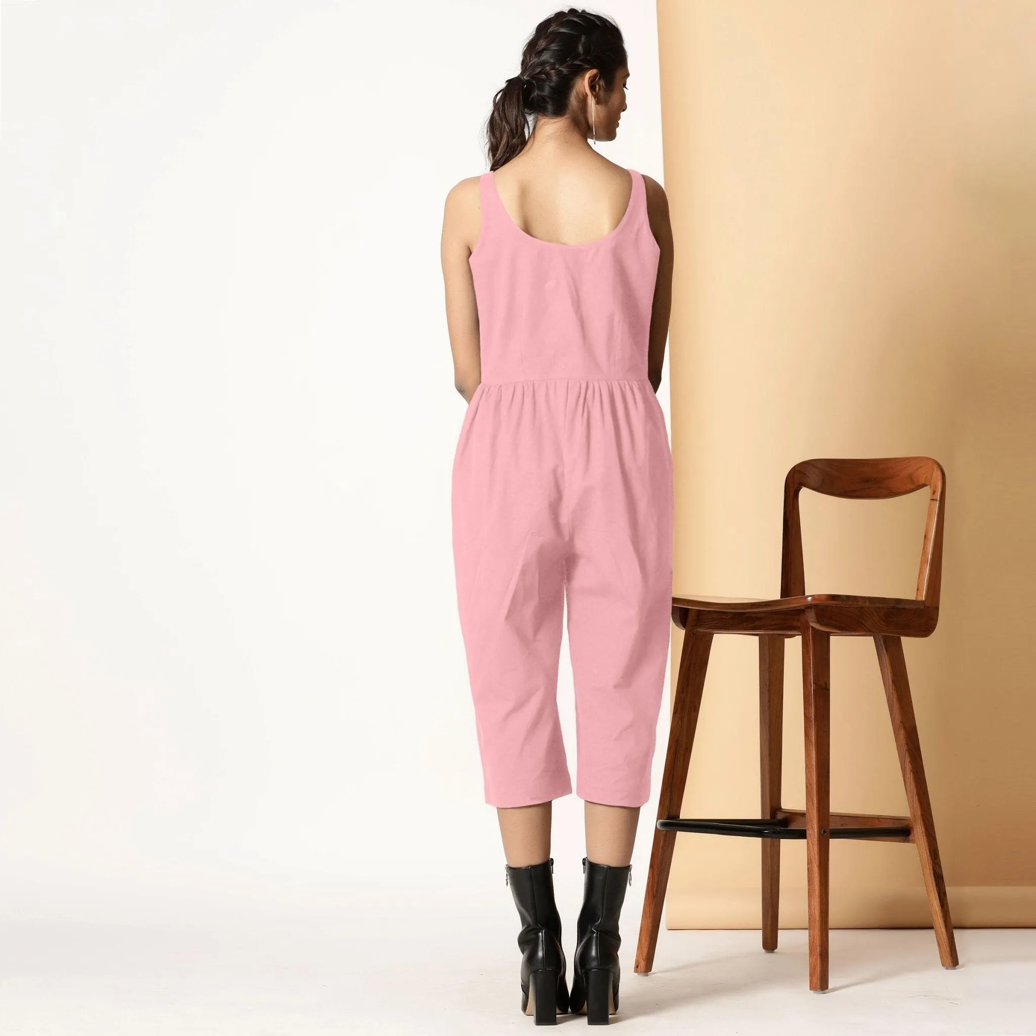 Pink Cotton Flax Button-Down Midi Jumpsuit