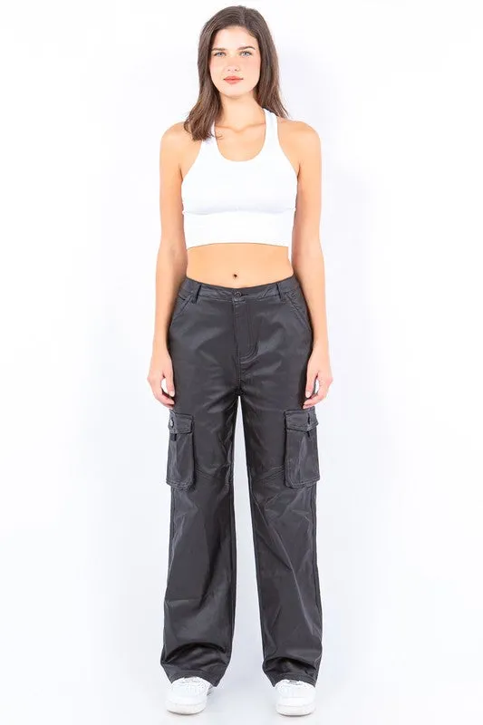 Pu Coated Wide Leg Cargo Pants