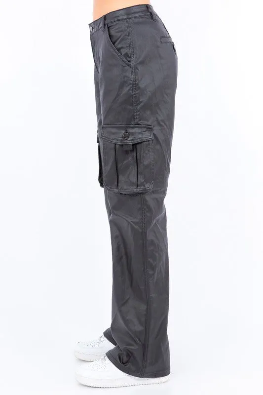 Pu Coated Wide Leg Cargo Pants