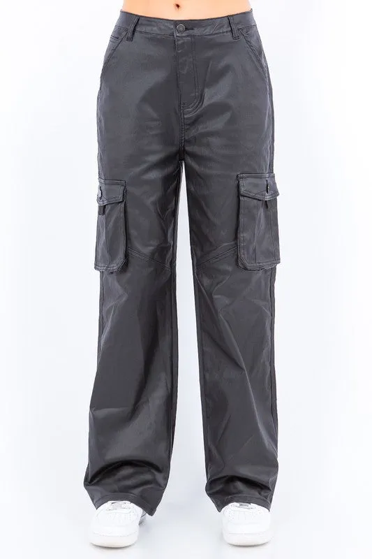 Pu Coated Wide Leg Cargo Pants