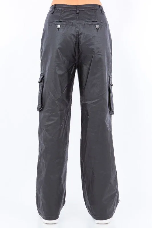 Pu Coated Wide Leg Cargo Pants