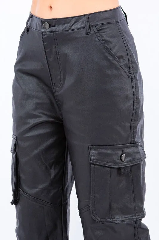 Pu Coated Wide Leg Cargo Pants