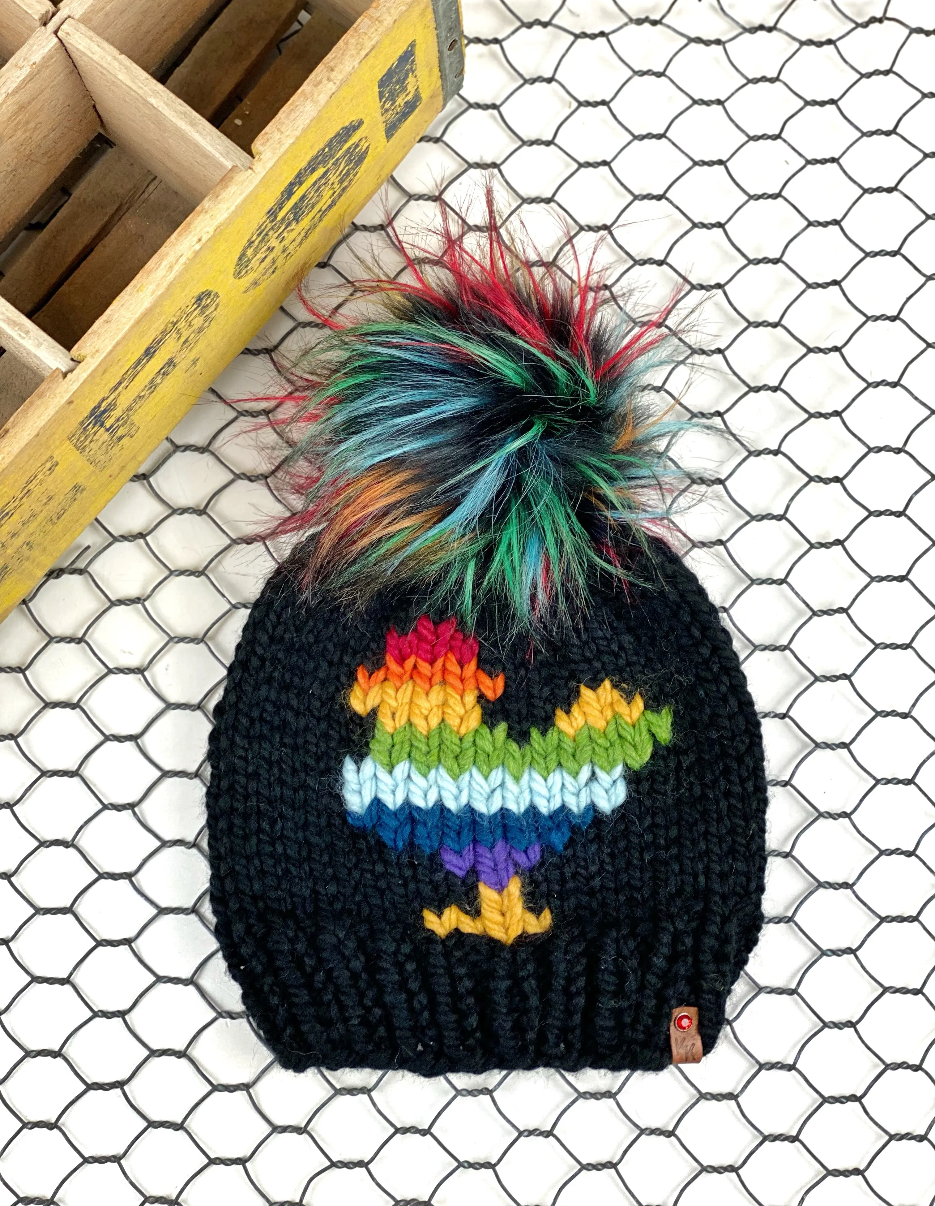 Rainbow Black Chicken Beanie Wool Blend Womens Adult Hat Faux Fur Pom Pom Hat