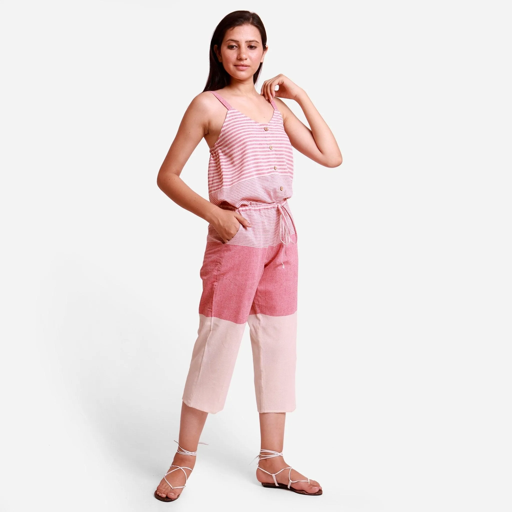 Salmon Pink Striped Cotton Elasticated Camisole Jumpsuit