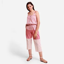 Salmon Pink Striped Cotton Elasticated Camisole Jumpsuit