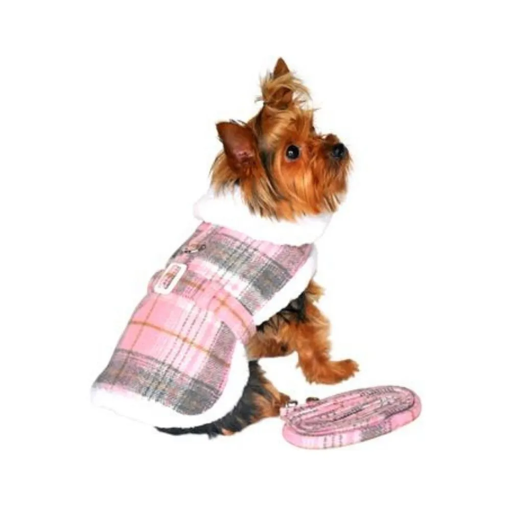 Sherpa-Lined Dog Harness Coat - Pink & White Plaid