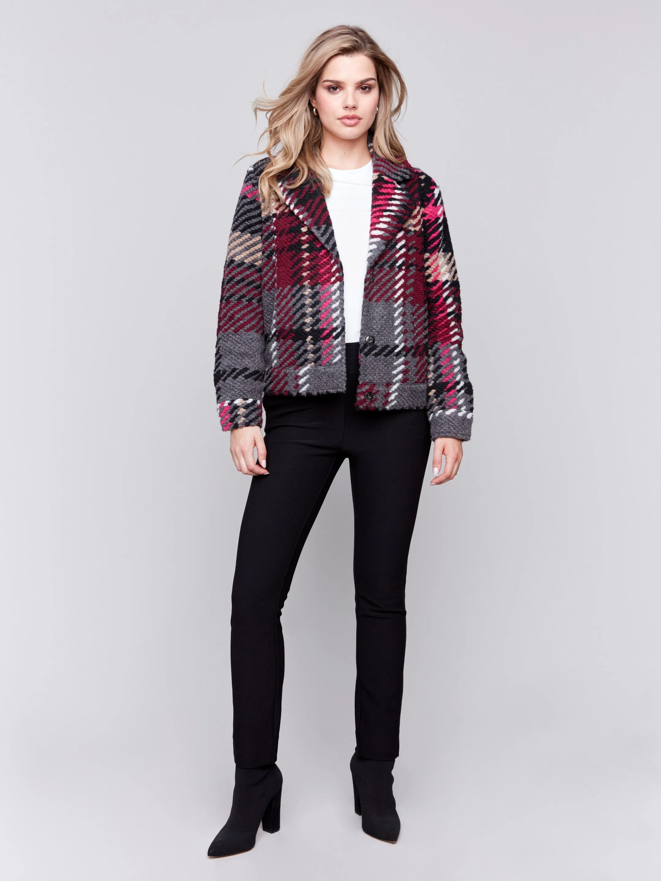 Short Plaid Wool Coat - Mulberry