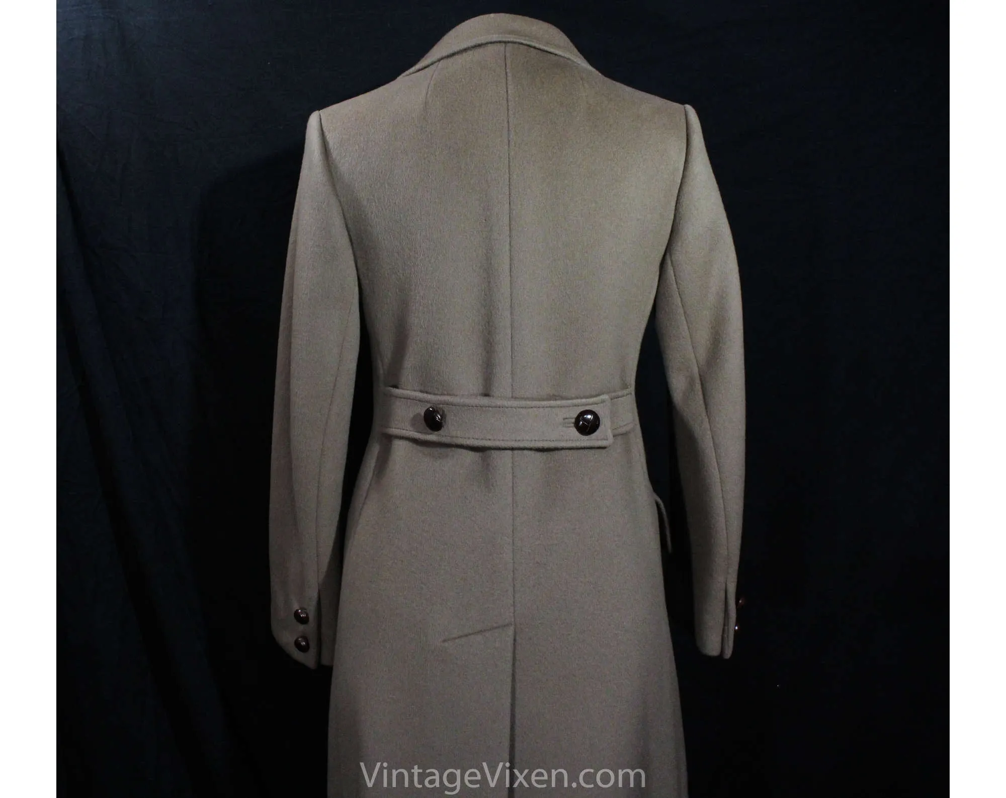 Size 6 Classic Wool Coat - Small 70s 80s Taupe Gray Winter Ladies Overcoat - Knotted Brown Leather Buttons - Fall Autumn Winter - Bust 35