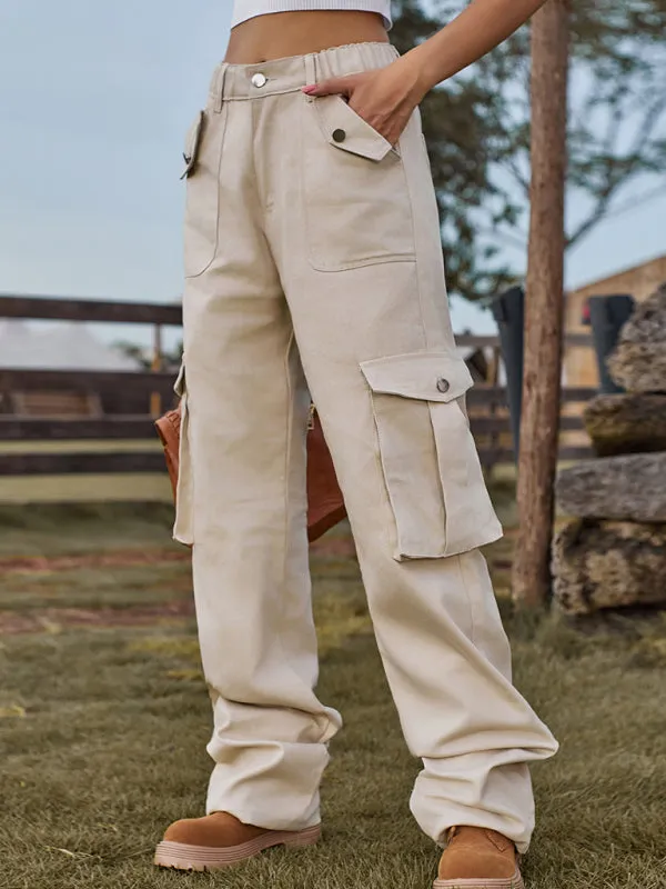 Solid Denim Elastic High-Rise Cargo Trousers - Pants