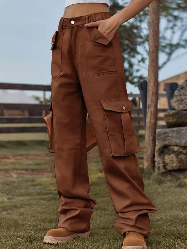 Solid Denim Elastic High-Rise Cargo Trousers - Pants