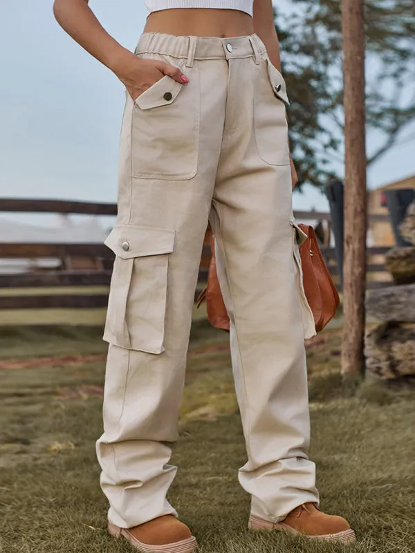 Solid Denim Elastic High-Rise Cargo Trousers - Pants