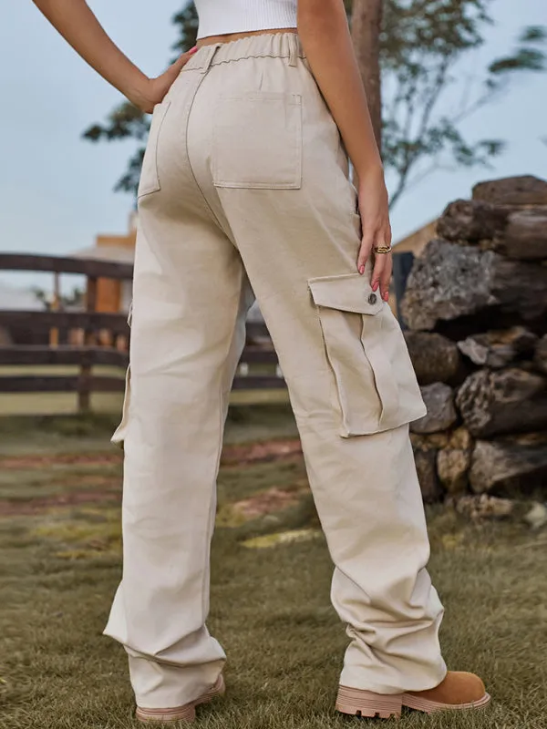 Solid Denim Elastic High-Rise Cargo Trousers - Pants