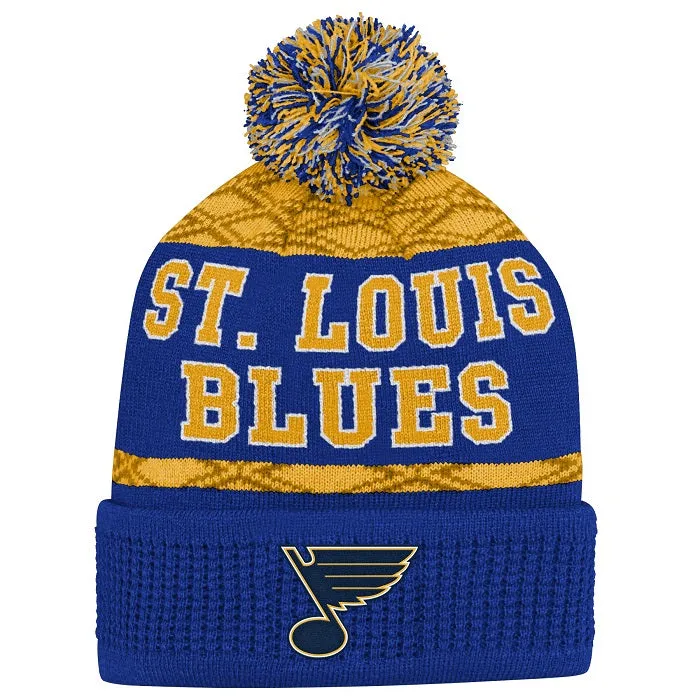 ST. LOUIS BLUES YOUTH PUCK PATTERN POM KNIT BEANIE - ROYAL/GOLD