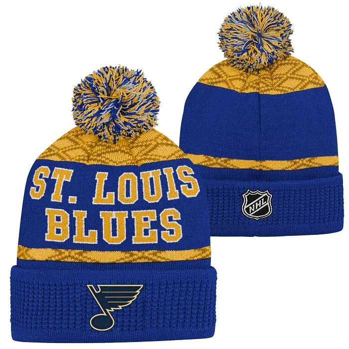 ST. LOUIS BLUES YOUTH PUCK PATTERN POM KNIT BEANIE - ROYAL/GOLD