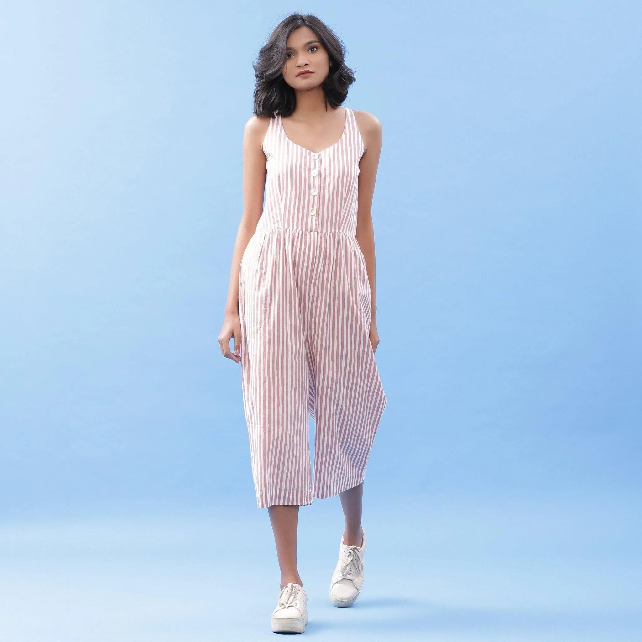 Striped Pink Cotton Button-Down Culottes Jumpsuit