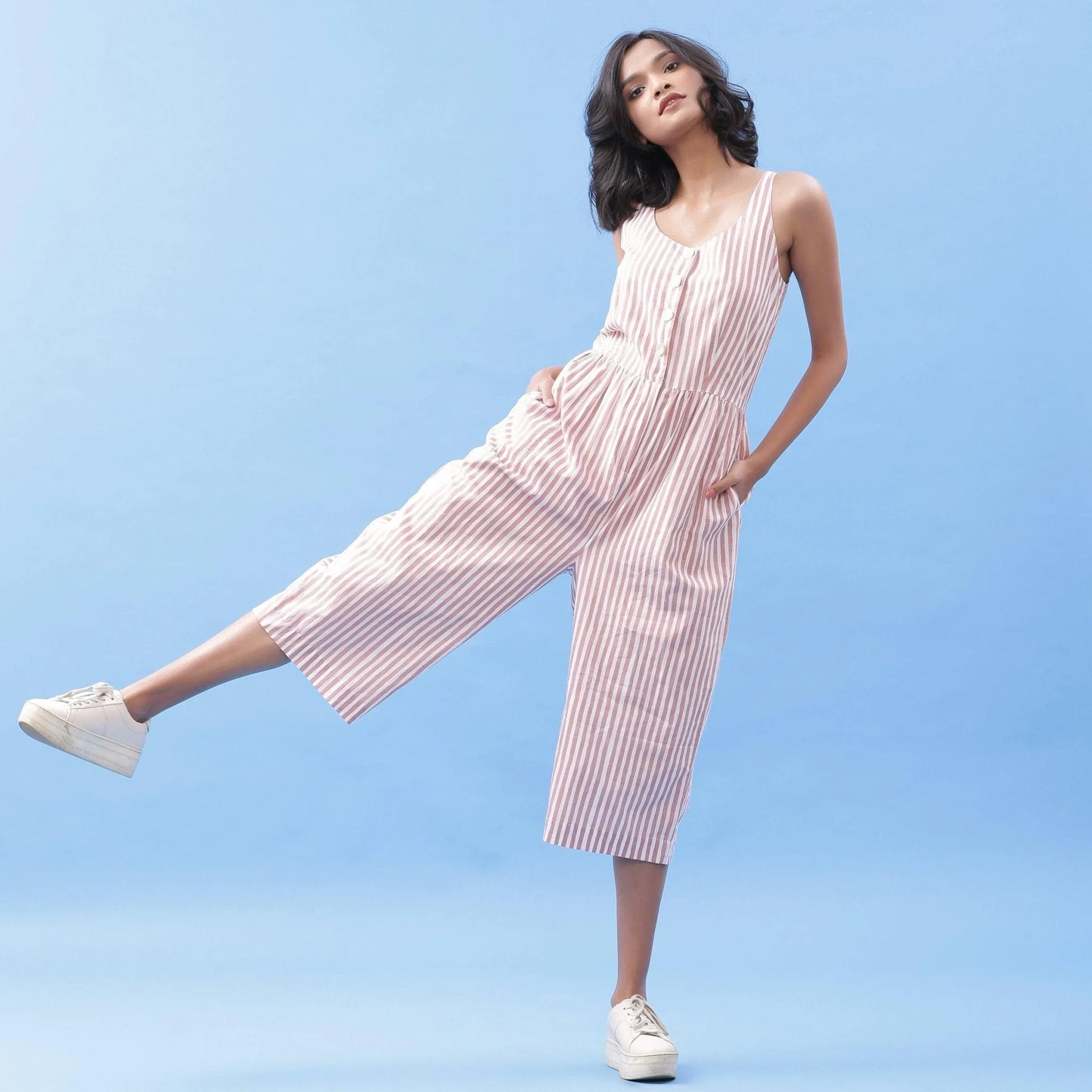 Striped Pink Cotton Button-Down Culottes Jumpsuit