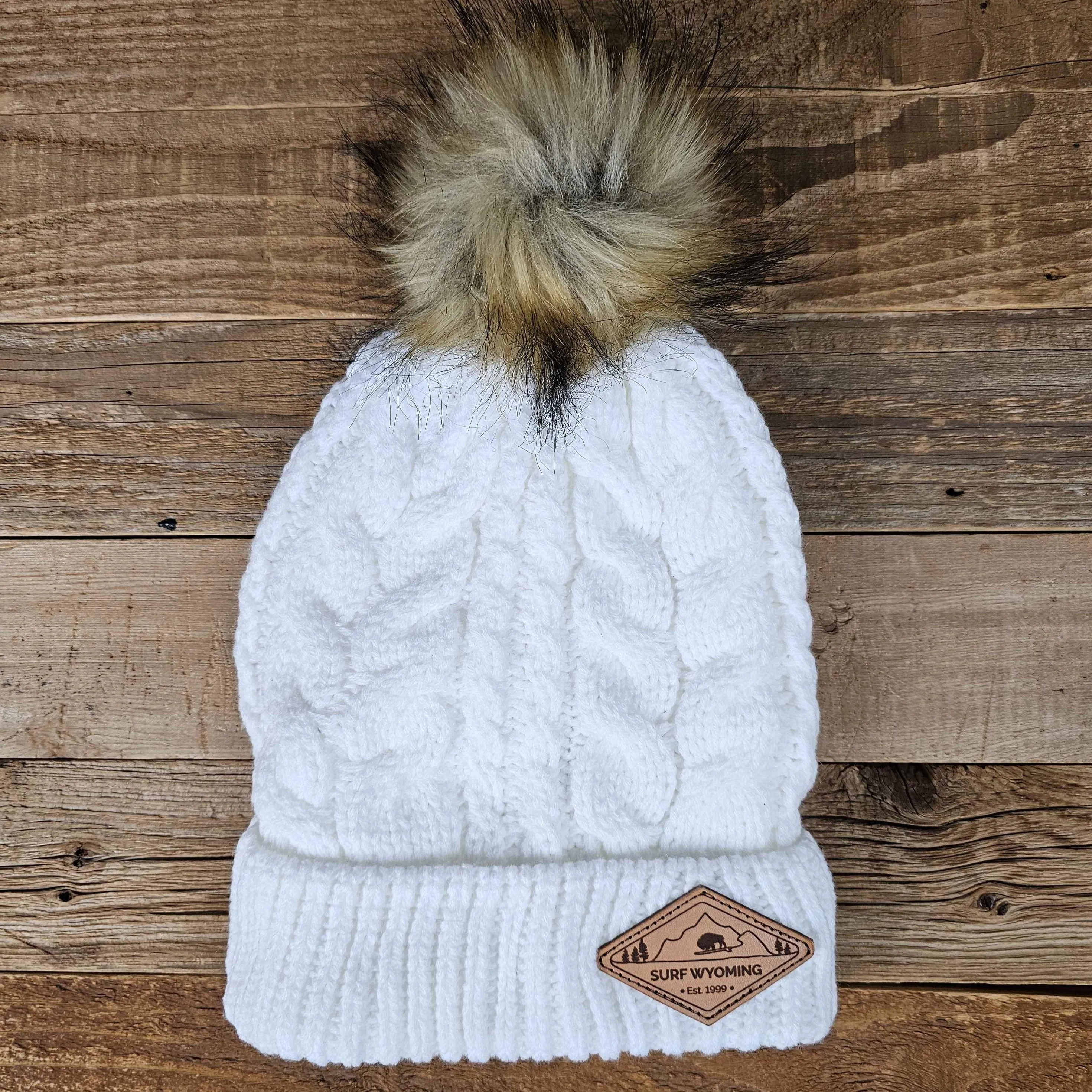 Surf Wyoming® Diamond Leather Patch Pom Beanie • Snow White