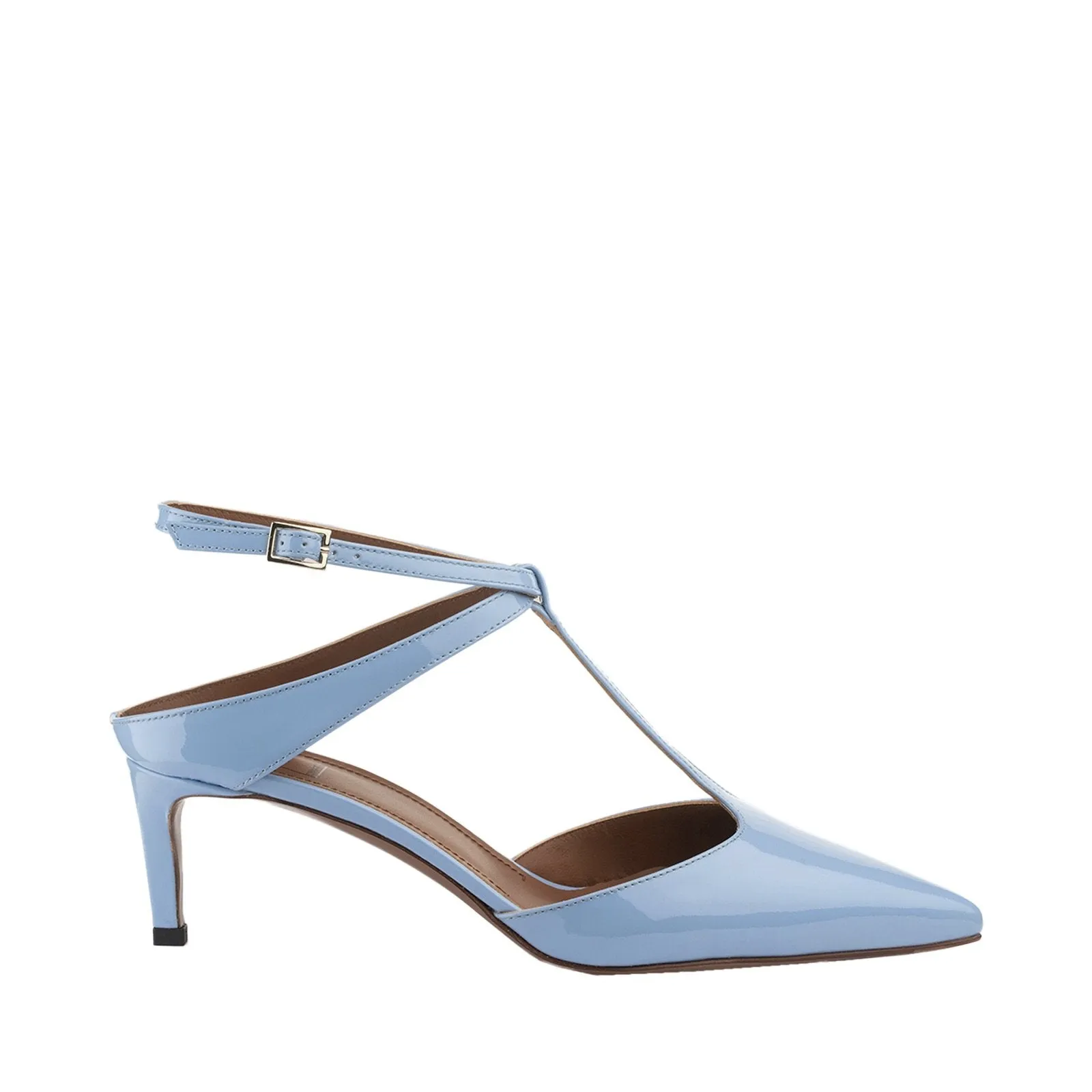 T-Bar Court Shoes In Sky Blue Patent Leather