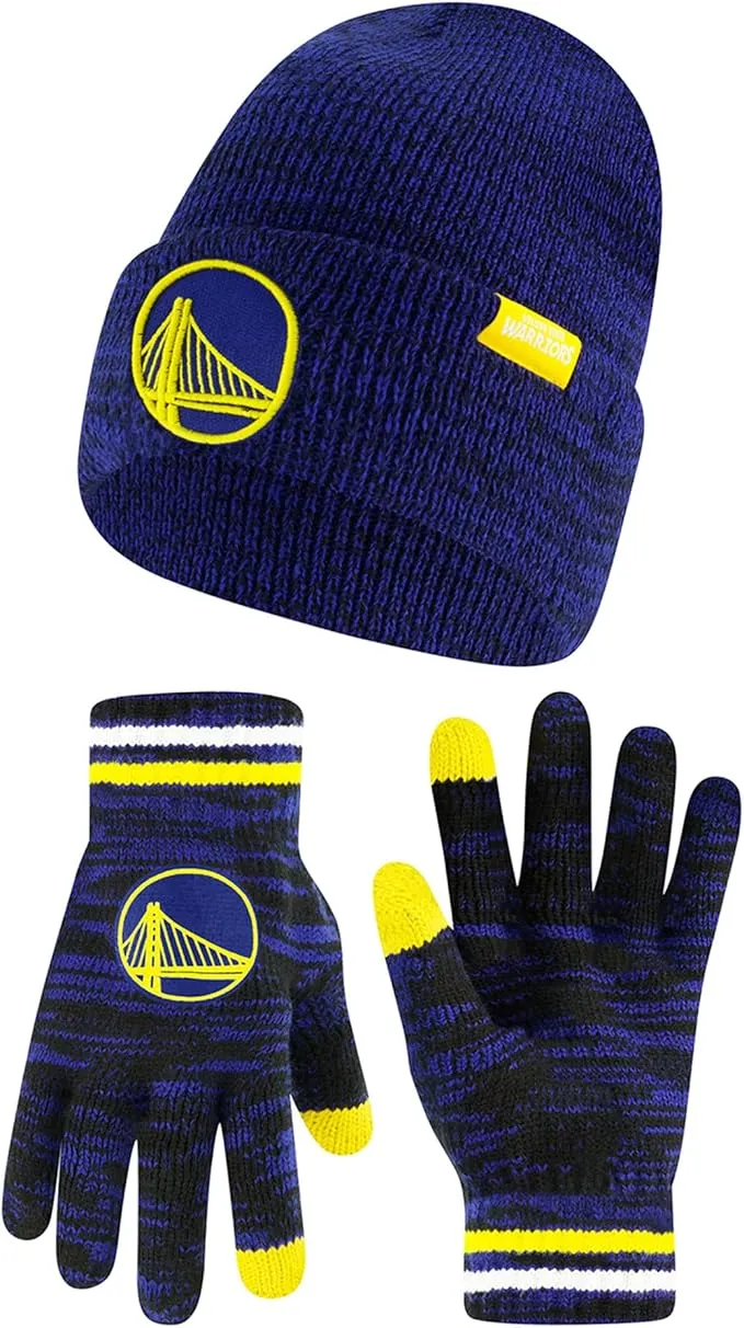 Ultra Game NBA Official Men's Super Soft Winter Beanie Knit Hat with Extra Warm Touch Screen Gloves, Golden State Warriors, Team Color|Golden State Warriors