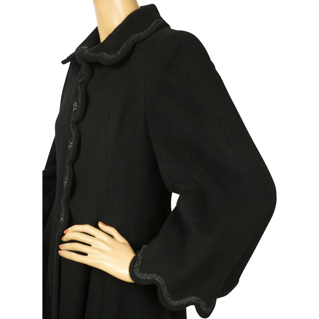 Vintage 1950s Black Wool Coat Haute Couture Frank Oujezdsky Montreal Ladies S