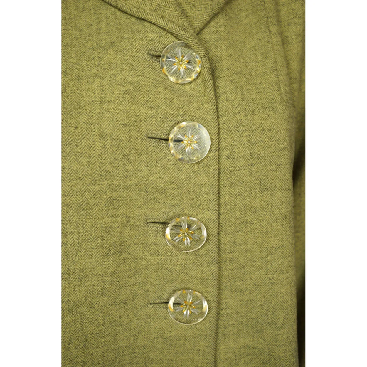 Vintage 1950s Coat Green Herringbone Tweed Wool Ladies Size M L