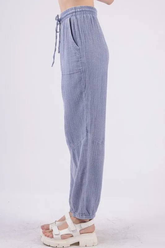 Washed Woven Crinkle Gauze Cargo Pants - Denim or Sage