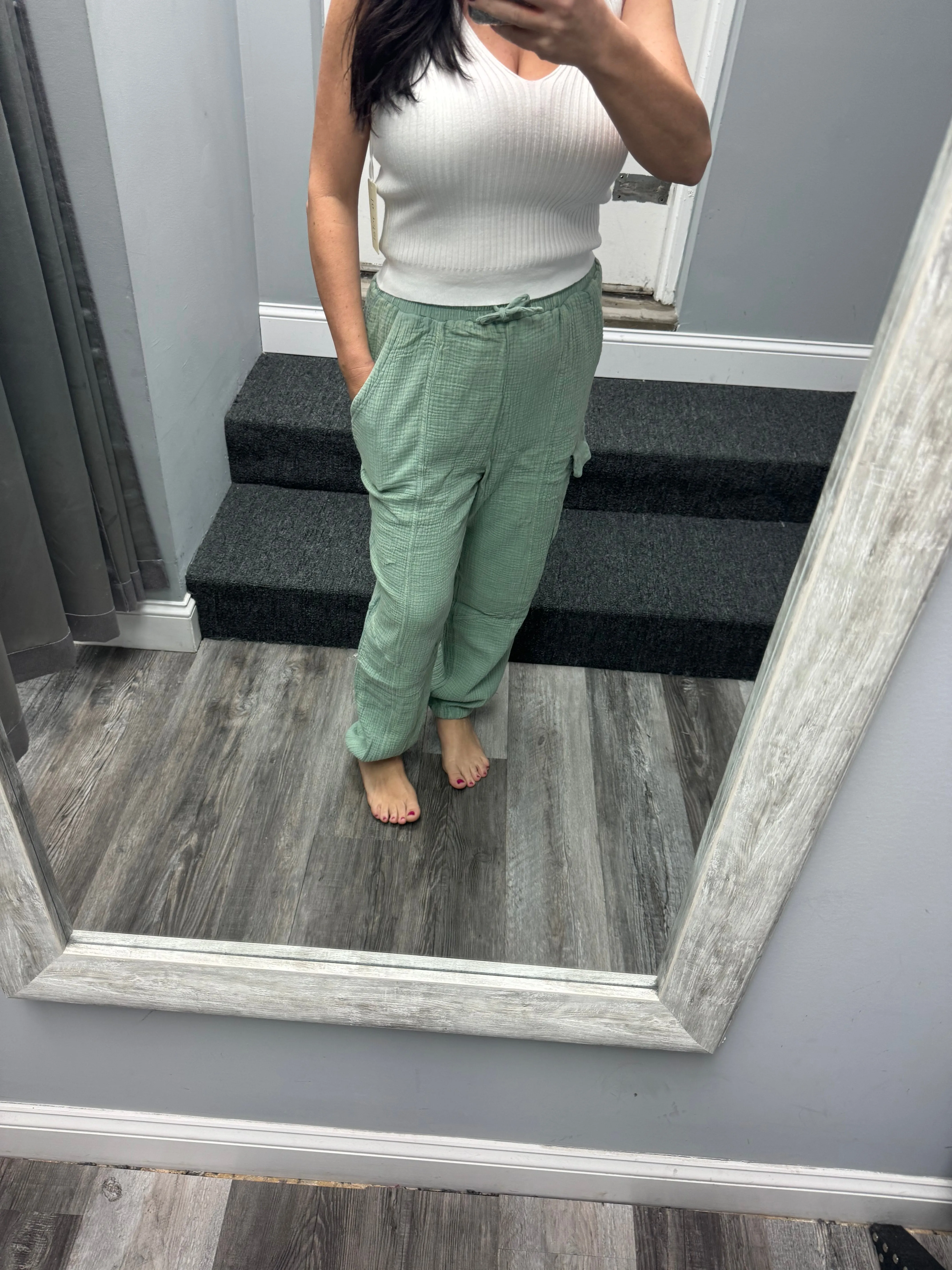 Washed Woven Crinkle Gauze Cargo Pants - Denim or Sage