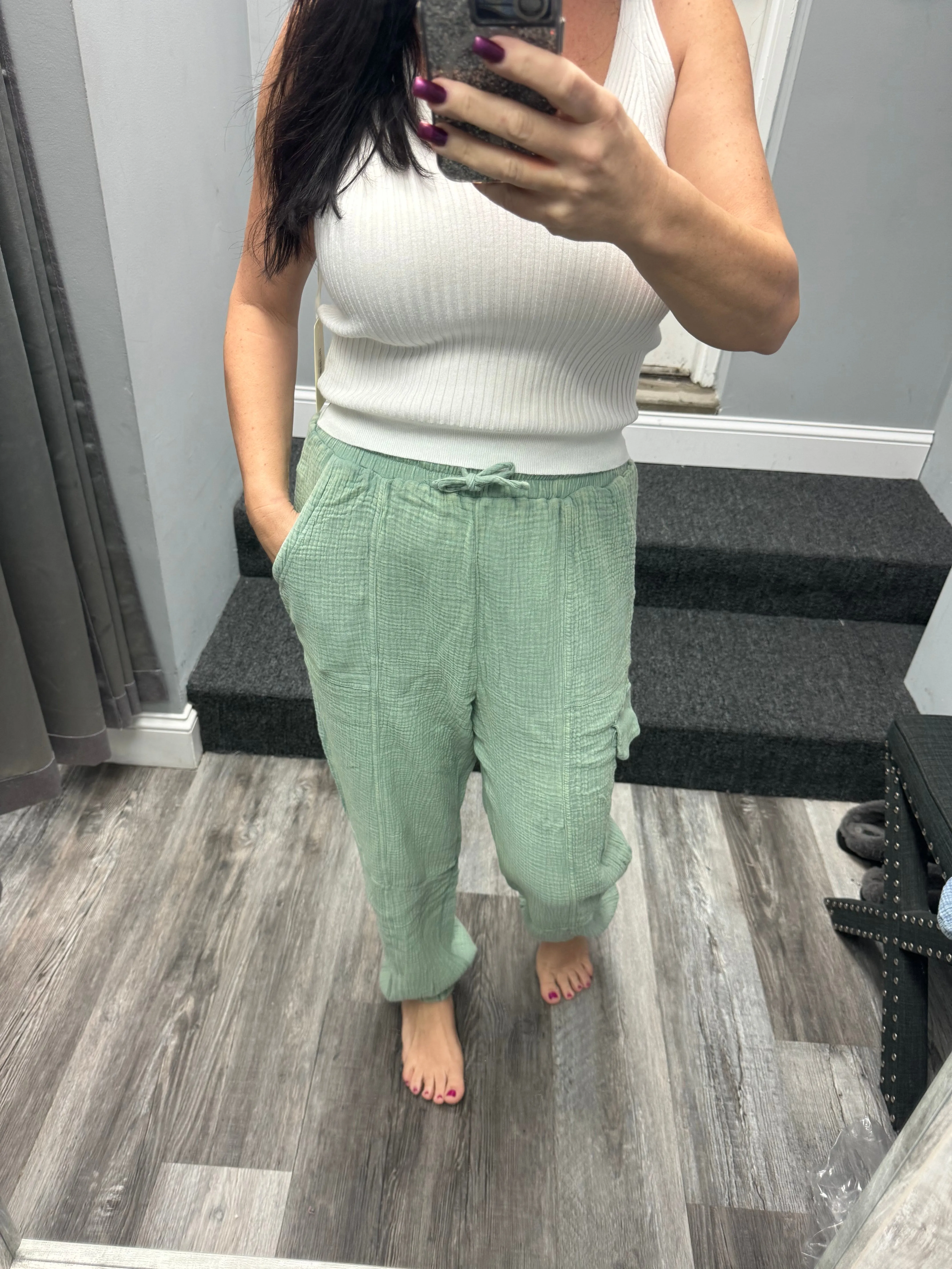 Washed Woven Crinkle Gauze Cargo Pants - Denim or Sage