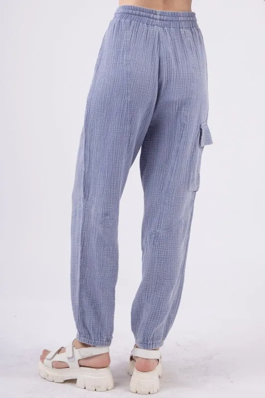 Washed Woven Crinkle Gauze Cargo Pants - Denim or Sage