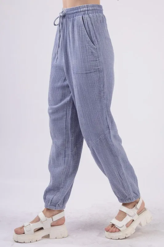 Washed Woven Crinkle Gauze Cargo Pants - Denim or Sage