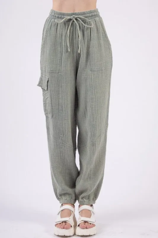 Washed Woven Crinkle Gauze Cargo Pants - Denim or Sage